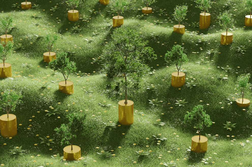 A stylized digital illustration of small trees growing from golden coin stacks scattered across a lush green landscape with rolling hills, symbolizing the intersection of nature and financial growth or sustainability.