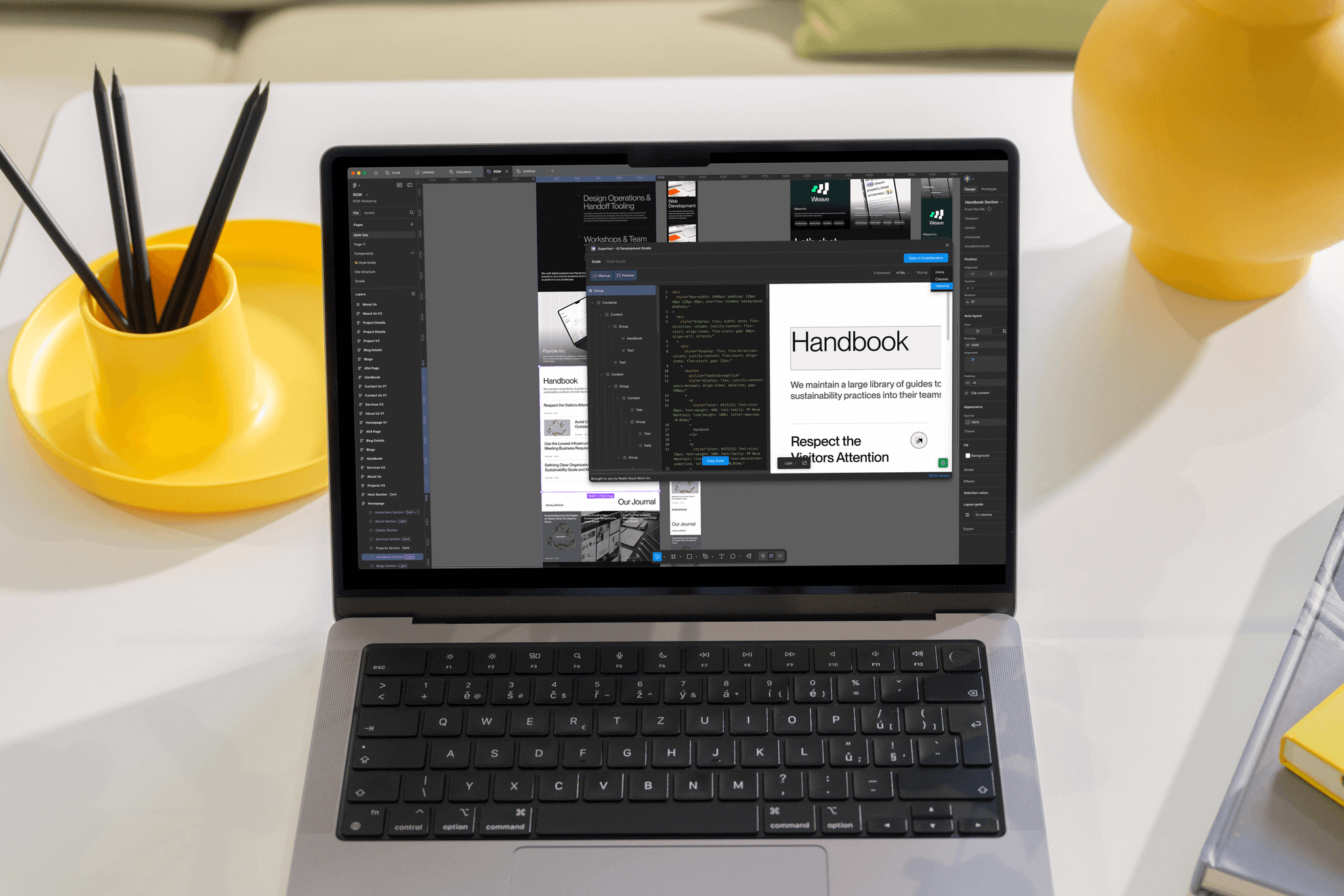 A laptop using the Figma Plugin called Superfun to generate code